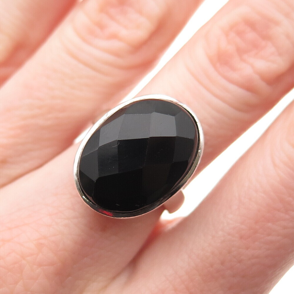 925 Sterling Silver Vintage Real Black Onyx Modernist Ring Size 6.25